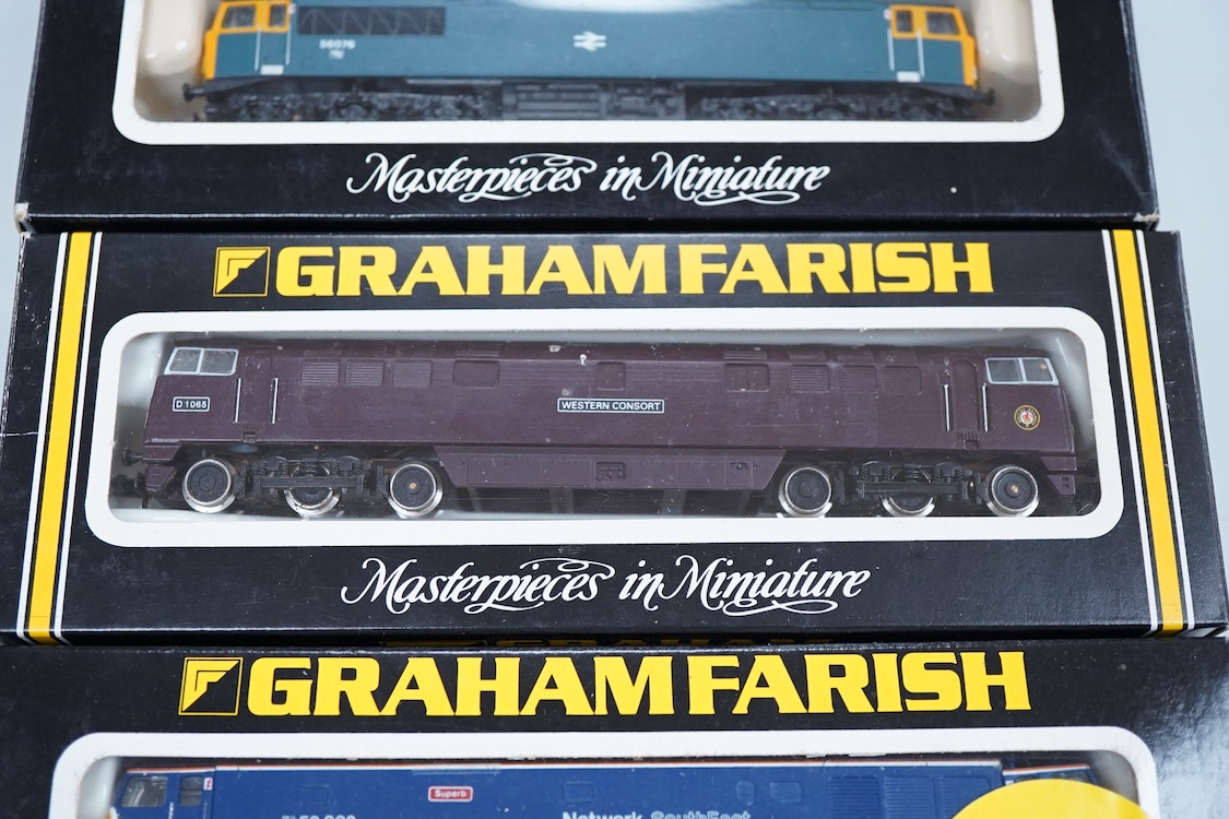 Four boxed Graham Farish N gauge railway electric and diesel locomotives; a BR class 55, Argyle & Sutherland Highlander D9021 (8414), a Freightliner class 57, Freightliner Pioneer 57001 (804A), a Rail Express class 90, P